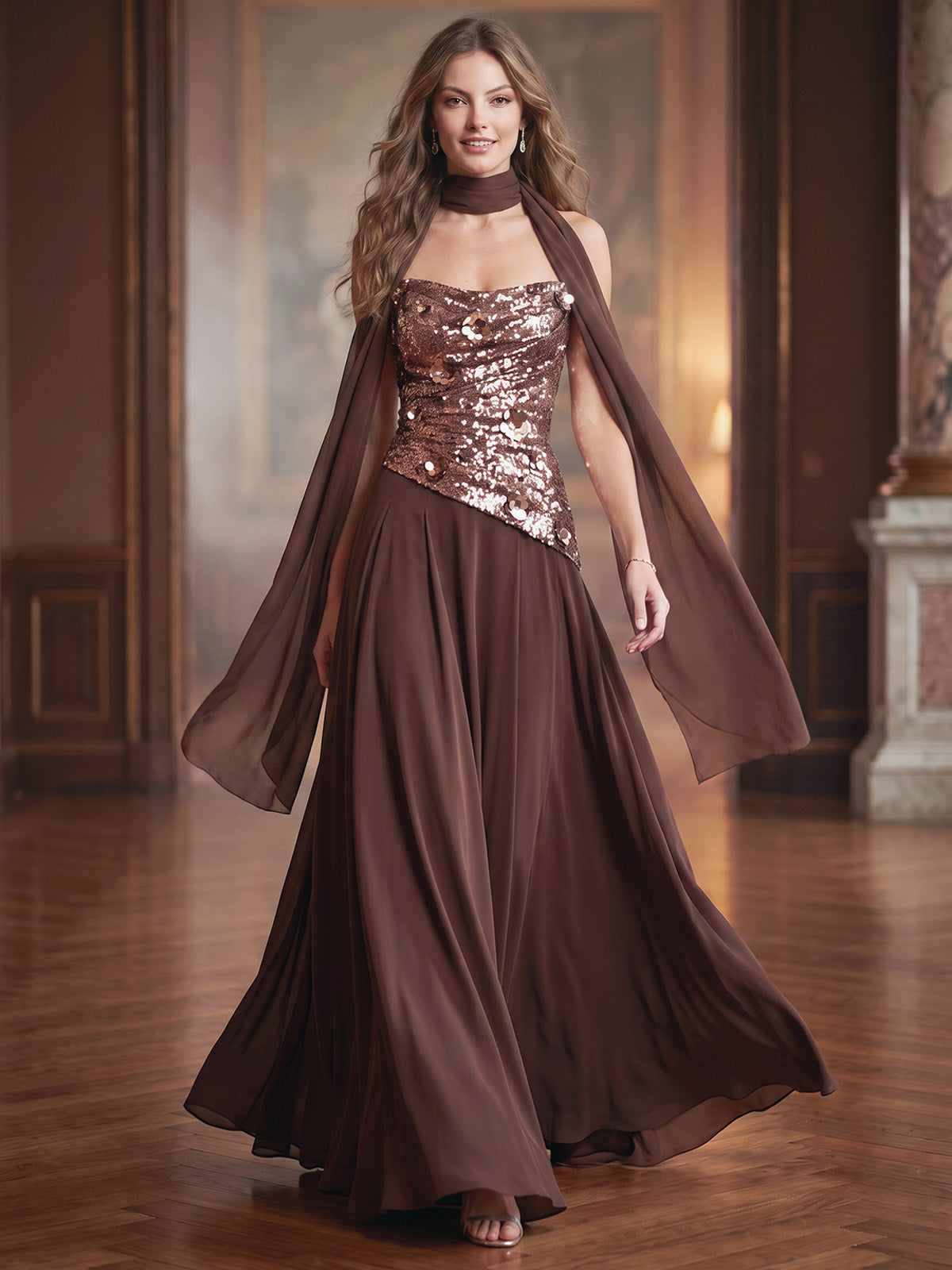 A Line/Princesses Evening Dresses Sequins Chiffon Strapless Sleeveless Floor-Length Pleated Formal Dress Wedding Guest With Scarf