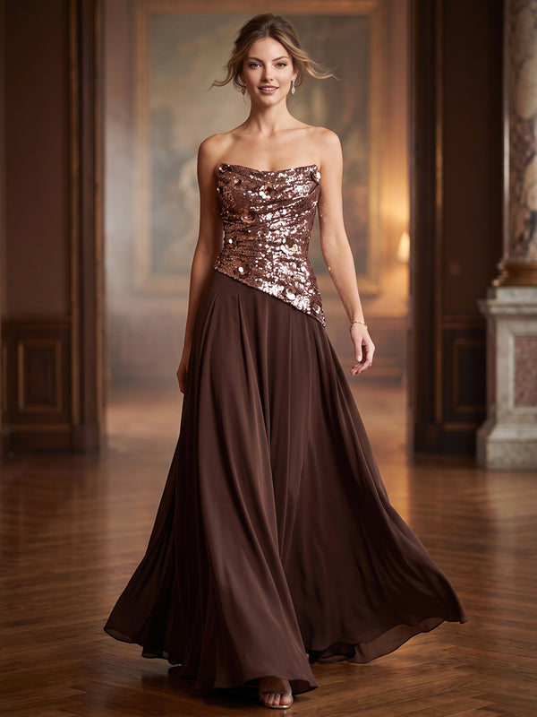 A Line/Princesses Evening Dresses Sequins Chiffon Strapless Sleeveless Floor-Length Pleated Formal Dress Wedding Guest With Scarf