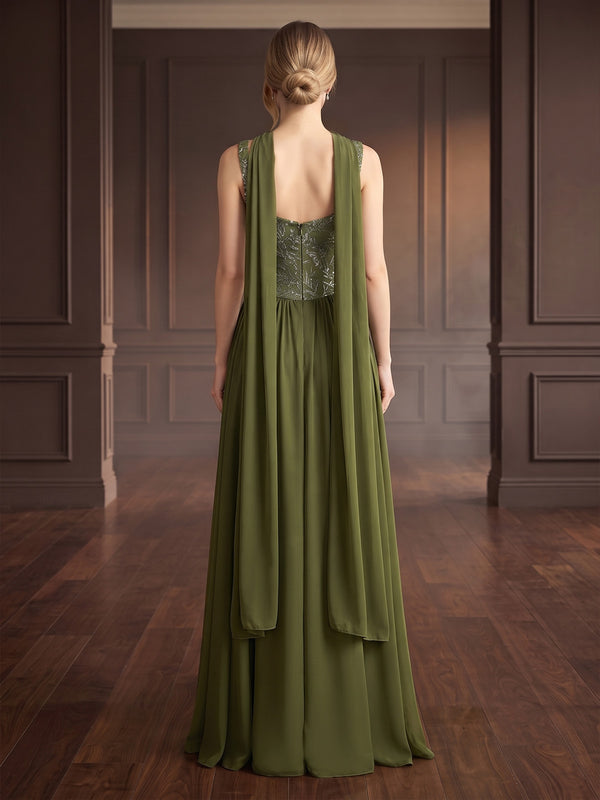A-Line/Princess Evening Dresses Elegant Embroidery Chiffon Sweetheart Sleeveless Floor-Length Pleated With Scarf Formal Dresses Zipper