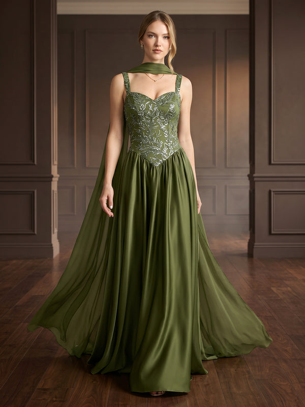 A-Line/Princess Evening Dresses Elegant Embroidery Chiffon Sweetheart Sleeveless Floor-Length Pleated With Scarf Formal Dresses Zipper