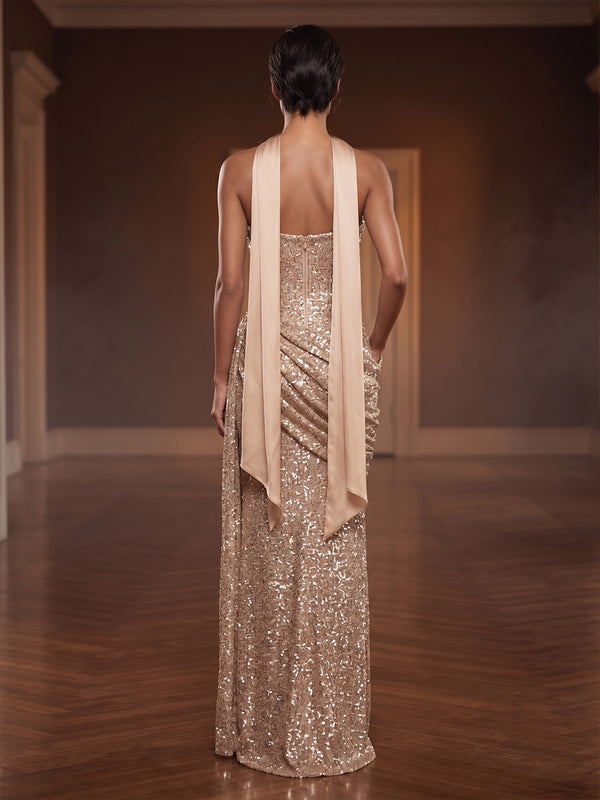Sheath/Column Evening Dresses Sequins Strapless Sleeveless Floor-Length Ruched Side Drape Formal Dresses With Scarf