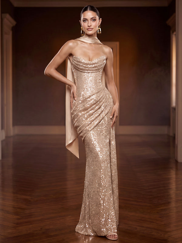 Sheath/Column Evening Dresses Sequins Strapless Sleeveless Floor-Length Ruched Side Drape Formal Dresses With Scarf