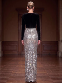 Sheath/Column Evening Dresses Velvet Sequins V-Neck Long Sleeves Floor-Length Formal Dresses Zipper