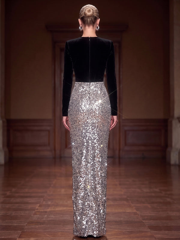Sheath/Column Evening Dresses Velvet Sequins V-Neck Long Sleeves Floor-Length Formal Dresses Zipper