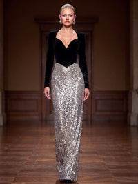 Sheath/Column Evening Dresses Velvet Sequins V-Neck Long Sleeves Floor-Length Formal Dresses Zipper