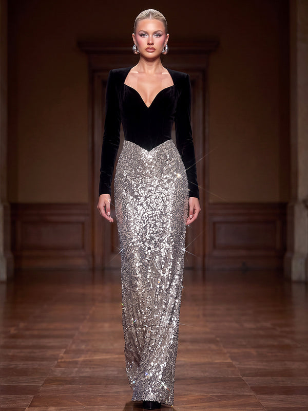 Sheath/Column Evening Dresses Velvet Sequins V-Neck Long Sleeves Floor-Length Formal Dresses Zipper