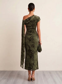 Mermaid Velvet Cocktail Dress Ankle Length  Flocked Tulle One Shoulder Short Sleeve Fall Wedding Guest Dress
