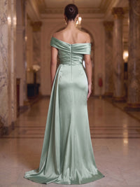 Sheath/Column Evening Dresses Satin Off-The-Shoulder Short Sleeves Floor-Length Ruched Side Drape Zipper Formal Dresses