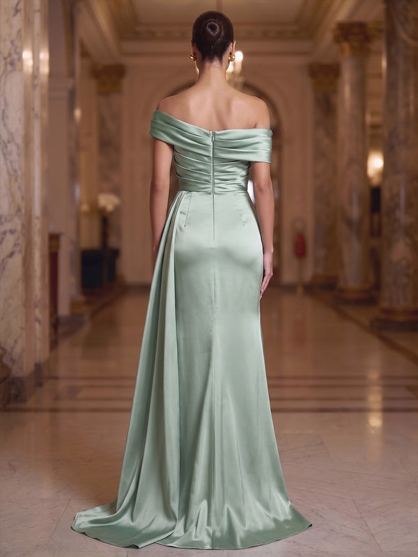 Sheath/Column Evening Dresses Satin Off-The-Shoulder Short Sleeves Floor-Length Ruched Side Drape Zipper Formal Dresses