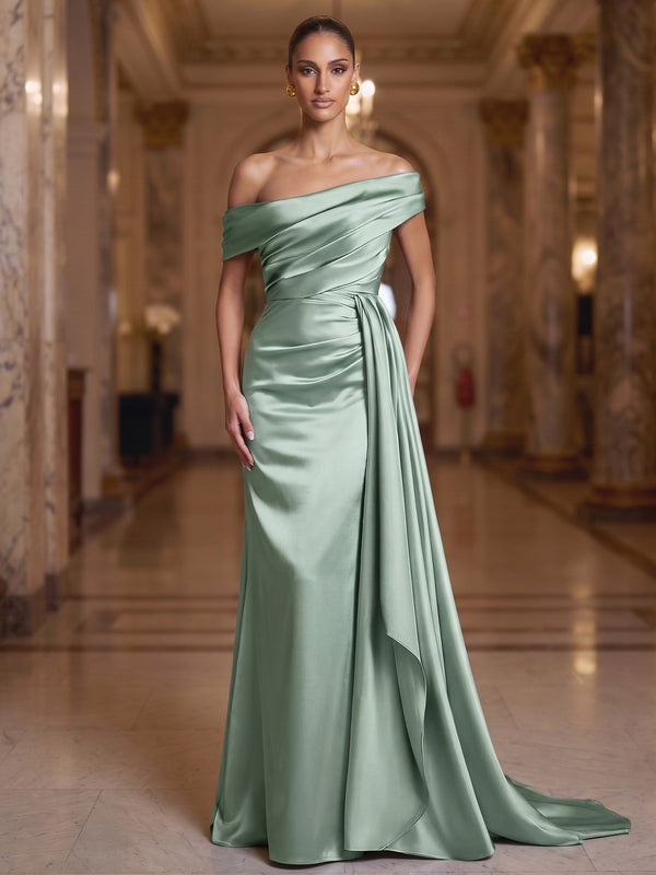 Sheath/Column Evening Dresses Satin Off-The-Shoulder Short Sleeves Floor-Length Ruched Side Drape Zipper Formal Dresses