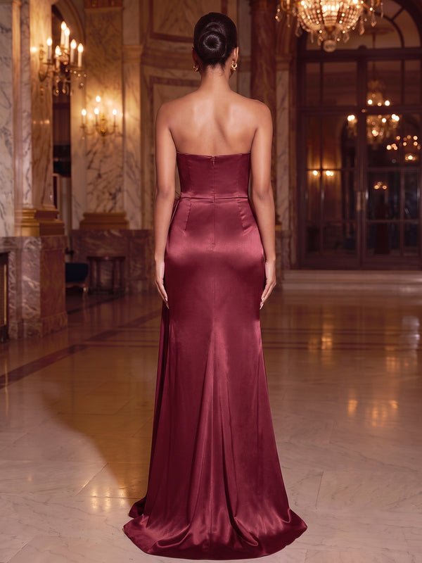 Sheath/Column Evening Dresses Satin Strapless Sleeveless Floor-Length Ruched Side Drape Boning Formal Dresses With Feather