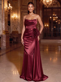 Sheath/Column Evening Dresses Satin Strapless Sleeveless Floor-Length Ruched Side Drape Boning Formal Dresses With Feather