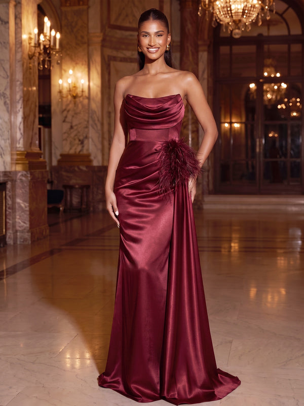 Sheath/Column Evening Dresses Satin Strapless Sleeveless Floor-Length Ruched Side Drape Boning Formal Dresses With Feather