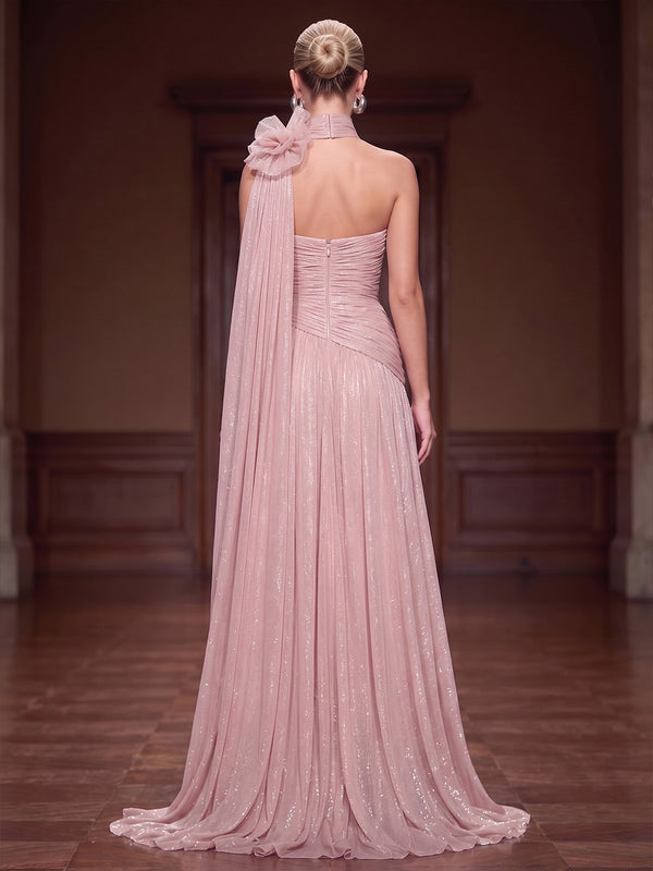 A-Line/Princess Evening Dresses Chiffon Pleated Strapless Sleeveless Floor-Length Ruched Side Slit Formal Dresses Scarf With 3D Flower