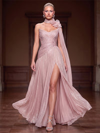 A-Line/Princess Evening Dresses Chiffon Pleated Strapless Sleeveless Floor-Length Ruched Side Slit Formal Dresses Scarf With 3D Flower