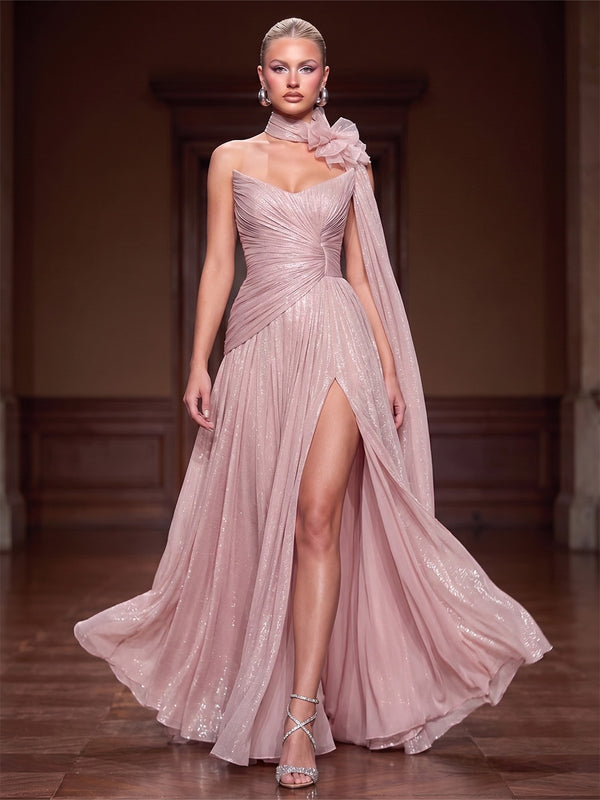 A-Line/Princess Evening Dresses Chiffon Pleated Strapless Sleeveless Floor-Length Ruched Side Slit Formal Dresses Scarf With 3D Flower