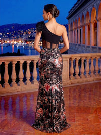 Mermaid/Trumpet Evening Dresses Floral Embroidery One-Shoulder With Feather Ruched Sleeveless Floor-Length Corset Illusion Waist High Slit Wedding Guest