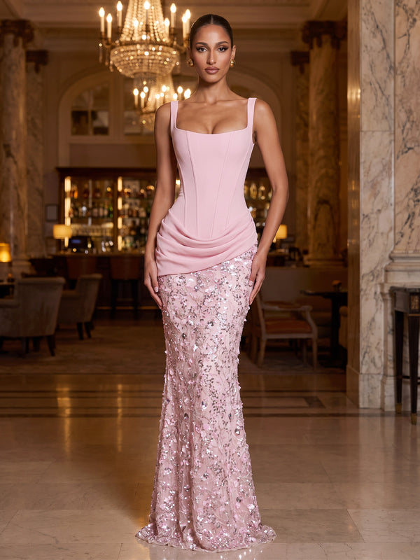 Sheath/Column Evening Dresses Satin Appliques Sequined Square Neck Sleeveless Floor-Length Ruched Boning Zipper Formal Dresses