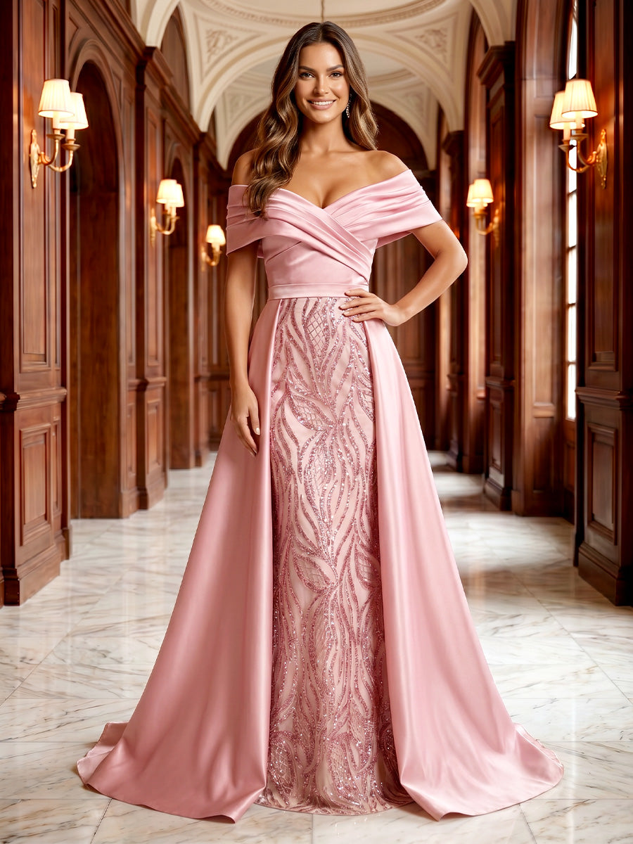 Sheath/Column Evening Dresses Elegant Formal Dresses Sequin Embroidery Floor-Length Off-The-Shoulder Ruffles Sleeveless With Overskirt Beads Wedding Guest