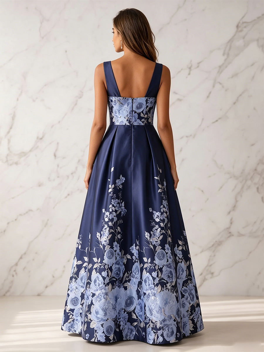 A-Line Mother Of The Bride Floral Printed Satin Formal Dresses V-Neck Sleeveless Floor-Length Wedding Guest