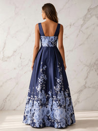 A-Line Mother Of The Bride Floral Printed Satin Formal Dresses V-Neck Sleeveless Floor-Length Wedding Guest