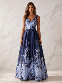 A-Line Mother Of The Bride Floral Printed Satin Formal Dresses V-Neck Sleeveless Floor-Length Wedding Guest