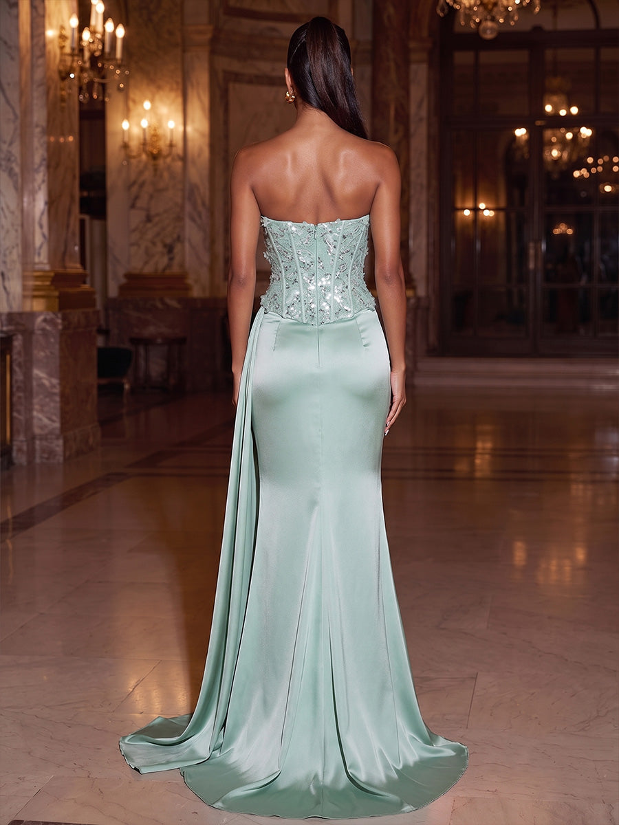 Mermaid Evening Dresses Formal Satin Appliques Sequined Strapless Sleeveless Floor-Length Ruched Boning Sparkle With Side Drape Zipper