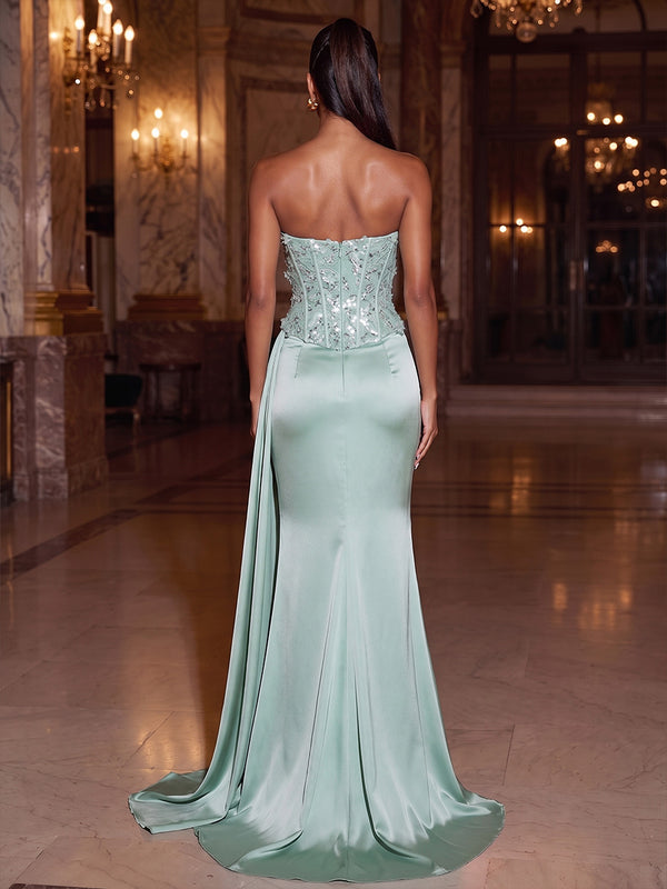 Mermaid Evening Dresses Formal Satin Appliques Sequined Strapless Sleeveless Floor-Length Ruched Boning Sparkle With Side Drape Zipper