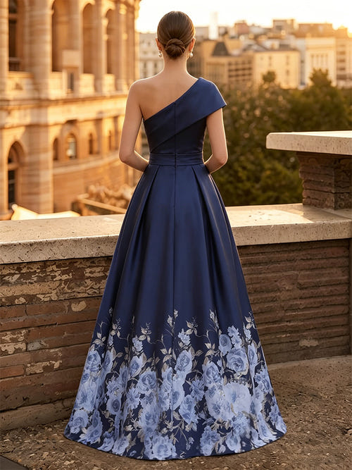 A-Line Mother Of The Bride Floral Printed Satin Formal Dress One Shoulder Short Sleeves Floor-Length With Cascading Ruffles Wedding Guest