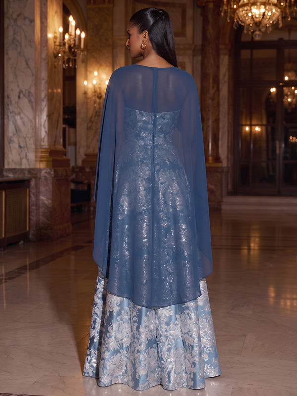 A-Line/Princess Evening Dresses Jacquard Bateau Neck Floor-Length Cape Sleeves Ruched Formal Dress