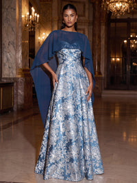 A-Line/Princess Evening Dresses Jacquard Bateau Neck Floor-Length Cape Sleeves Ruched Formal Dress