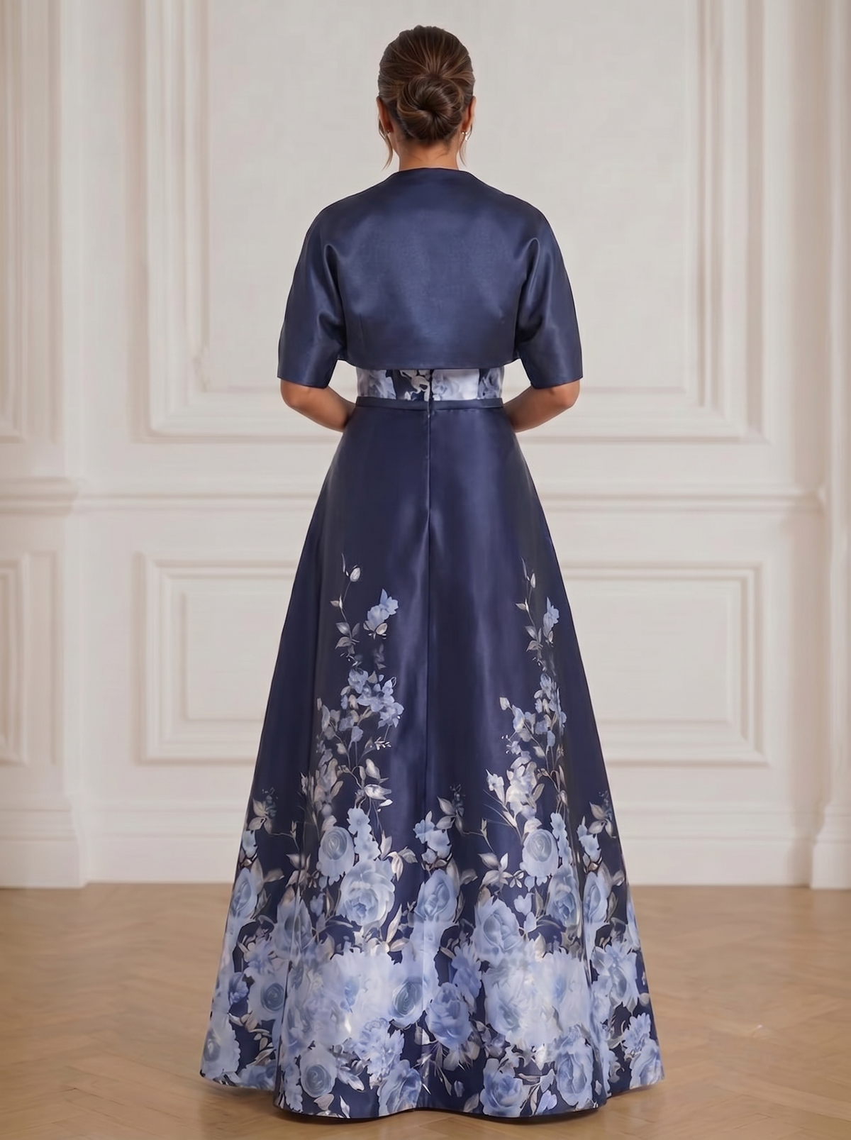 A-Line 2 piece Mother Of The Bride Floral Printed Satin Formal Dresses Strapless Sleeveless Floor-Length Wedding Guest