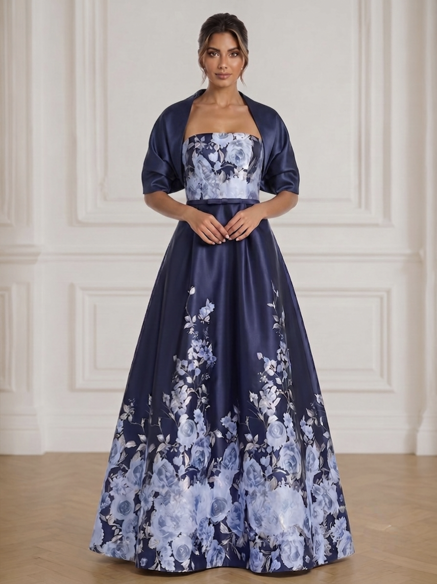 A-Line 2 piece Mother Of The Bride Floral Printed Satin Formal Dresses Strapless Sleeveless Floor-Length Wedding Guest