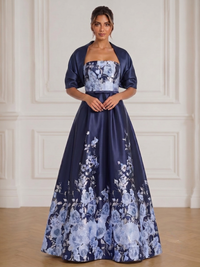 A-Line 2 piece Mother Of The Bride Floral Printed Satin Formal Dresses Strapless Sleeveless Floor-Length Wedding Guest