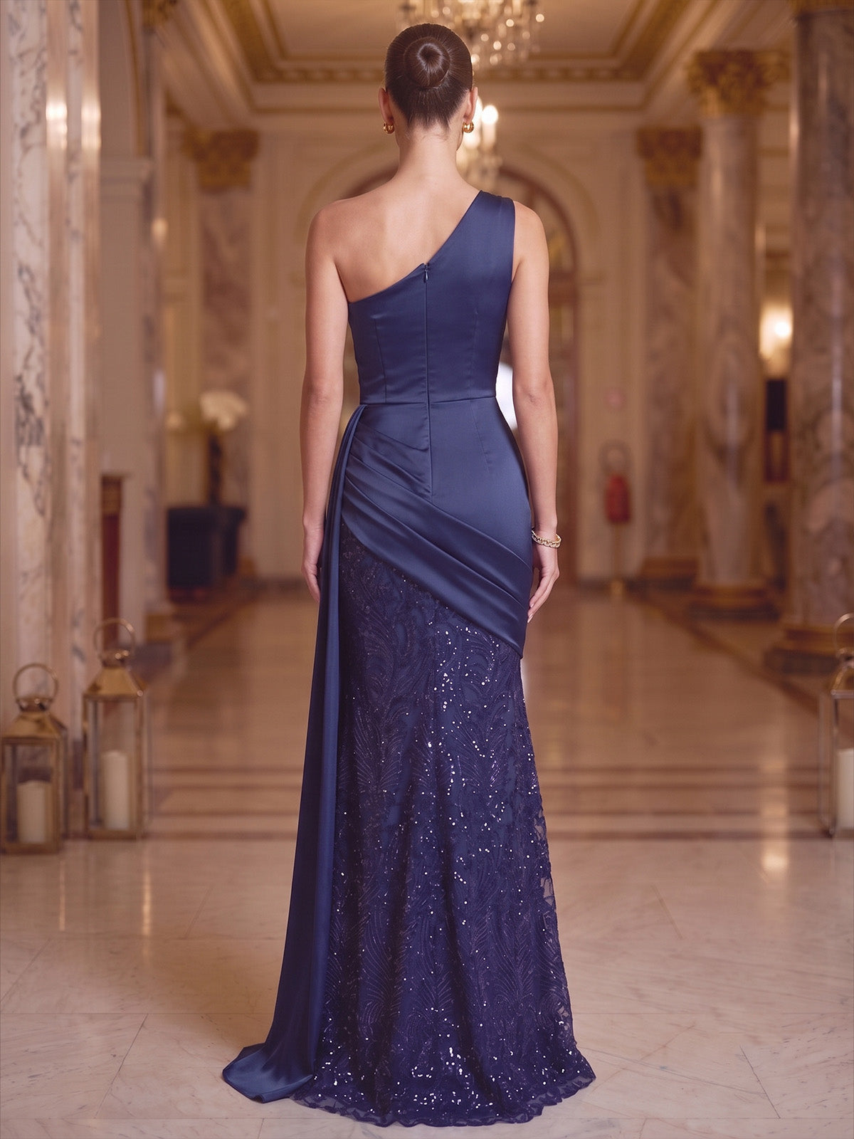 Mermaid Evening Dresses Formal Sequins Satin One-Shoulder Sleeveless Floor-Length Sparkle With Side Drape Zipper