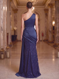 Mermaid Evening Dresses Formal Sequins Satin One-Shoulder Sleeveless Floor-Length Sparkle With Side Drape Zipper