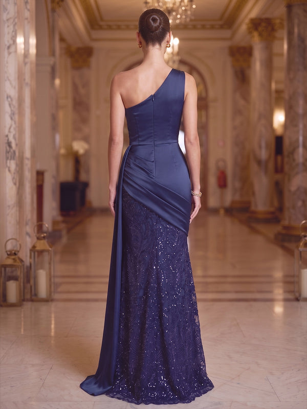 Mermaid Evening Dresses Formal Sequins Satin One-Shoulder Sleeveless Floor-Length Sparkle With Side Drape Zipper