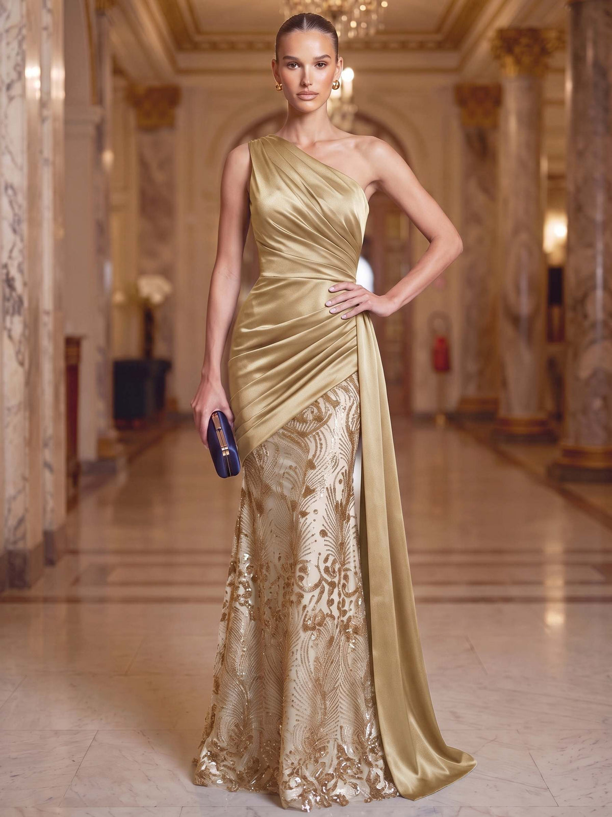 Mermaid Evening Dresses Formal Sequins Satin One-Shoulder Sleeveless Floor-Length Sparkle With Side Drape Zipper