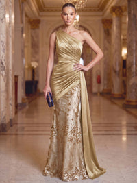 Mermaid Evening Dresses Formal Sequins Satin One-Shoulder Sleeveless Floor-Length Sparkle With Side Drape Zipper