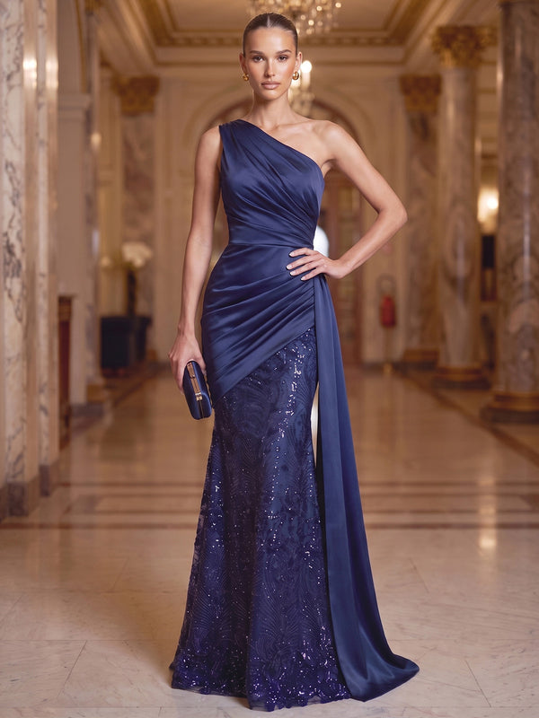 Mermaid Evening Dresses Formal Sequins Satin One-Shoulder Sleeveless Floor-Length Sparkle With Side Drape Zipper