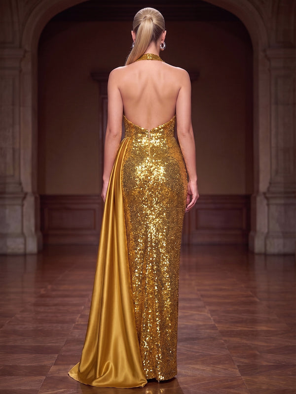 Sheath/Column Evening Dresses Sequins Halter Sleeveless Floor-Length Ruched Side Drape Formal Dresses