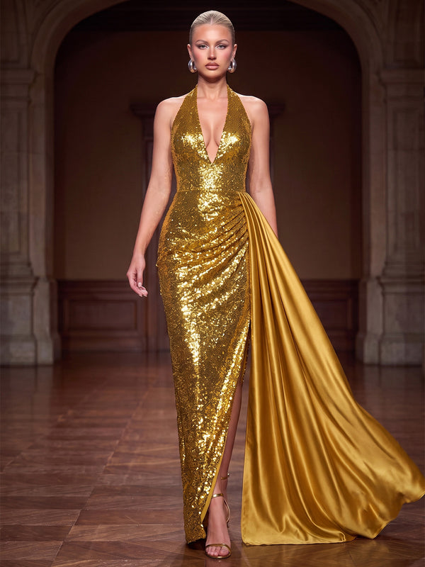 Sheath/Column Evening Dresses Sequins Halter Sleeveless Floor-Length Ruched Side Drape Formal Dresses