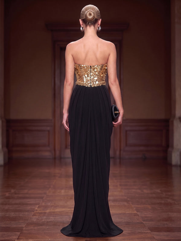 Sheath/Column Evening Dresses Sequined Appliques Chiffon Strapless Sleeveless Floor-Length Pleated Formal Dresses