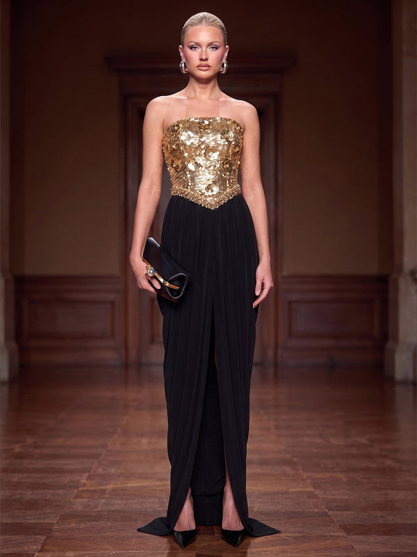 Sheath/Column Evening Dresses Sequined Appliques Chiffon Strapless Sleeveless Floor-Length Pleated Formal Dresses