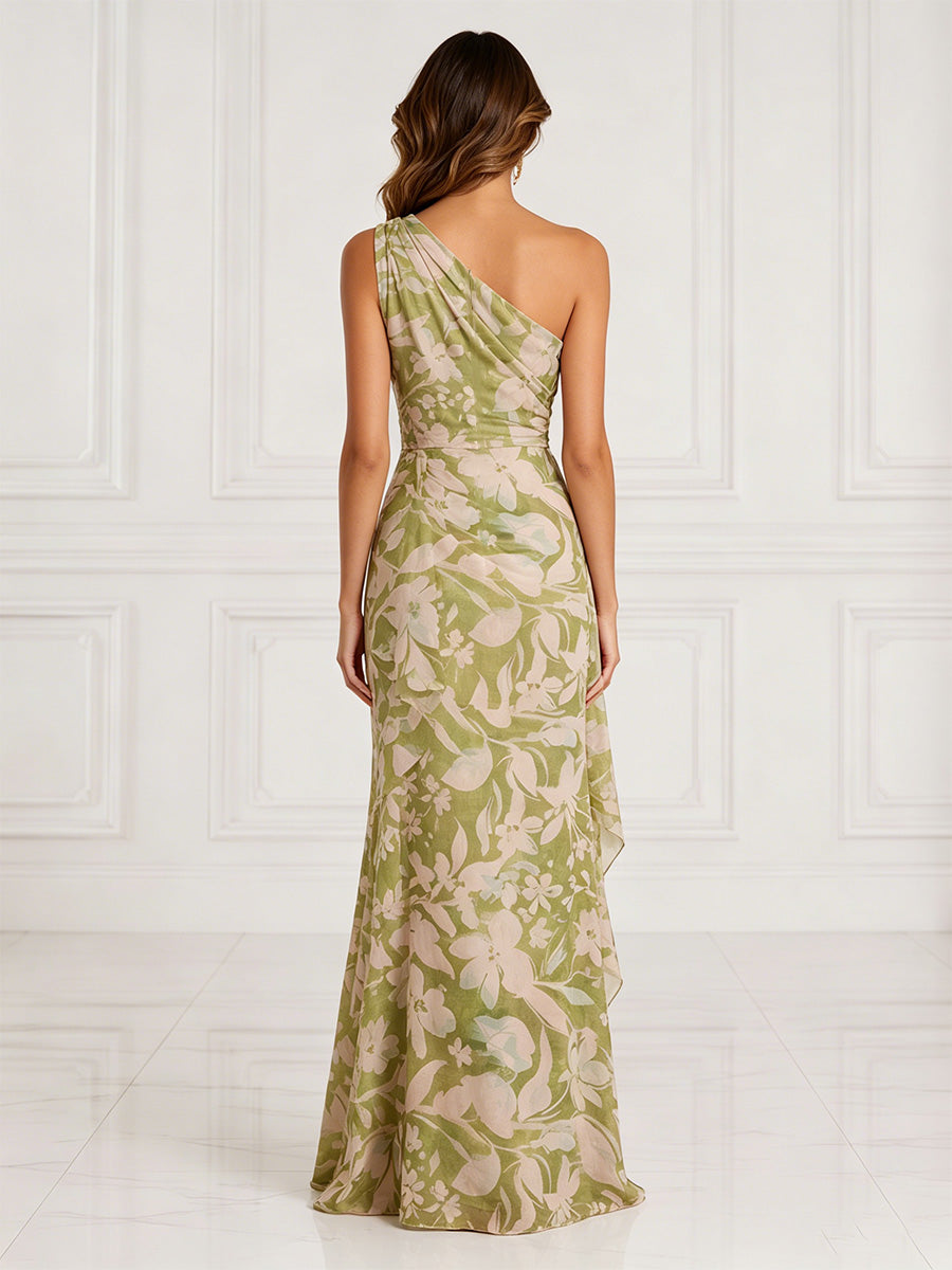Sheath/Column Evening Dresses Formal Dresses Printed Chiffon Ruched One-Shoulder Floor-Length Sleeveless Ruffles Wedding Guest Dresses Summer Dresses