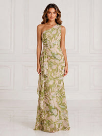 Sheath/Column Evening Dresses Formal Dresses Printed Chiffon Ruched One-Shoulder Floor-Length Sleeveless Ruffles Wedding Guest Dresses Summer Dresses