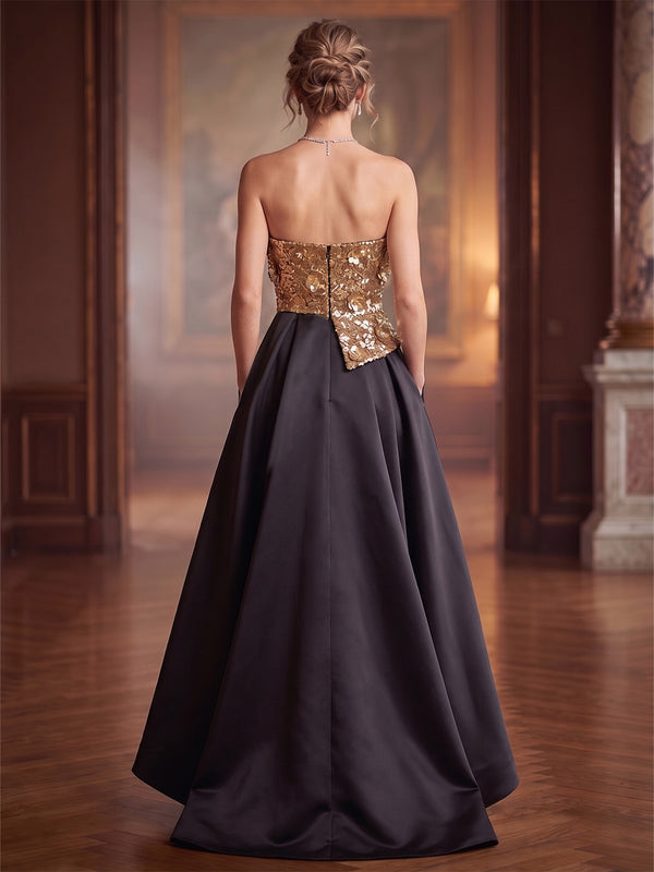 A-Line/Princess Evening Dresses Sequined Appliques Satin Strapless Sleeveless Floor-Length Pleated With Pockets Formal Dresses