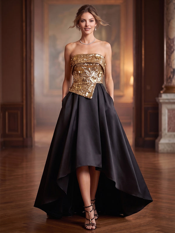 A-Line/Princess Evening Dresses Sequined Appliques Satin Strapless Sleeveless Floor-Length Pleated With Pockets Formal Dresses