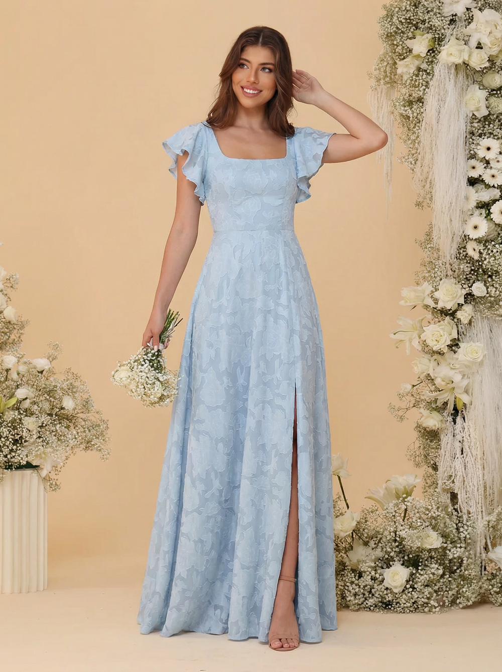 A-Line/Princess Chiffon Bridesmaid Dresses For Wedding Square Neck Short Sleeves Floor-Length With Side Slit