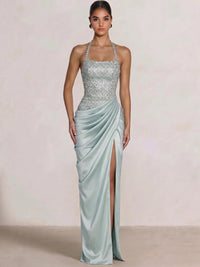 A-Line/Princess Evening Dresses Halter Neck Rhinestone Formal Dresses Floor-Length Side Split With Pleats&Back Lace-Up Prom